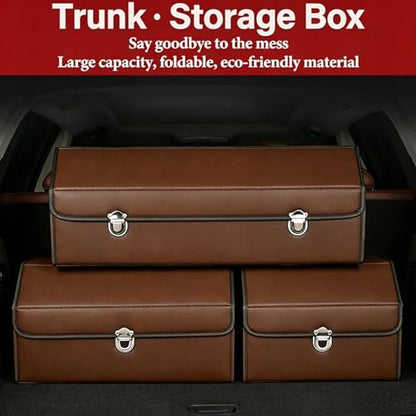 Leather Storage Box Car Trunk Organizer for Trunk SUV Sedan, Leather Foldable Storage Box with Lid (Brown 14.9" L*12.2" W*11.8" H) - size: Brown 14.9"L*12.2"W*11.8" H