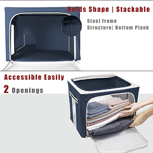Clothes Storage Box Bins Stackable Foldable Organizer,Sturdy Handles with Metal Frame for Clothing Bedding Shelves,Closet Container with Clear Window Zipper and Label Holder (Navy, 40L x3 Pack) - color: Navy, 40L x3 Pack