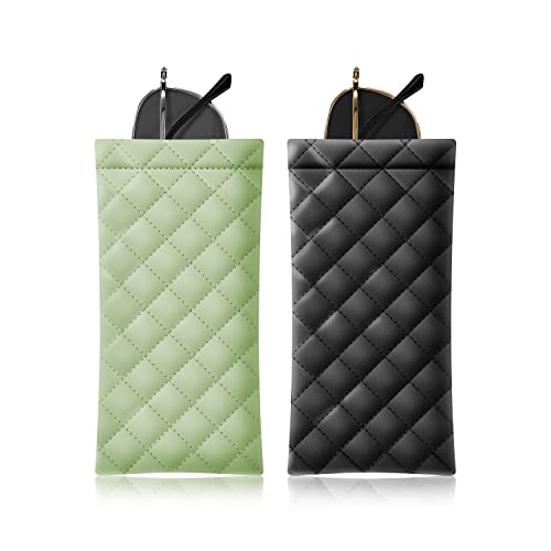 Squeeze Top Sunglass Pouch - Portable Sunglass Organizer Pouch Bags Soft PU Leather Glasses 2 Pack - color: Black-light Green
