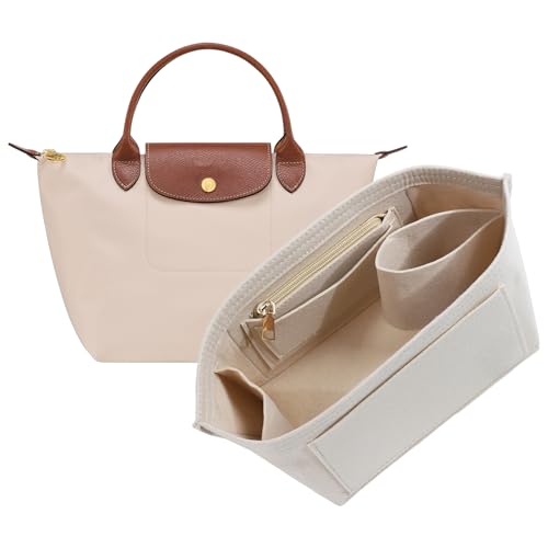 Premium Felt Purse Organizer Insert for Longchamp Le Pliage S Handbag,Zipper Small Handbag Organizer with Cup Holder,Bags Storage Divider with 8 Upgraded Deepened Compartments,S/Beige - color: Beige, size: S Handbag