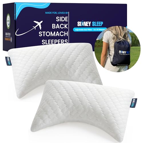 Sidney Sleep Set of 2 Mini Travel Size Neck Pillows - Knee Pillow - Back Lumbar Support - Curved Bed Pillow - 14 x 19 Inches - Adjustable Loft - Carry Backpack Included (White 2 Pack Mini) - color: White, size: Travel Mini (Pack of 2)