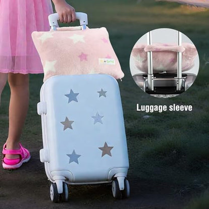 3-in-1 Kids Travel Blanket and Pillow Set - 40x60 Inches Soft Pink Star Design,Kids Travel Blanket Airplane Compact with Bag, Potable Pillow Blanket for Travel Airplane Train Bed Office - color: Pink Star