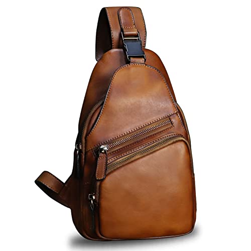 Genuine Leather Sling Bag Crossbody Purse Handmade Hiking Daypack Motorcycle Bag Retro Shoulder Backpack Vintage Chest Bag (Brown) - color: Brown