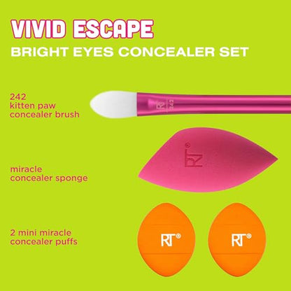 Real Techniques Vivid Escape Bright Eyes Concealer 4 Piece Set, Includes Kitten Paw Makeup Brush, Powder Puff, & Concealer Makeup Blending Sponge, Targeted Concealing, Travel Friendly, Cruelty-Free - size: 1 Count (Pack of 4)