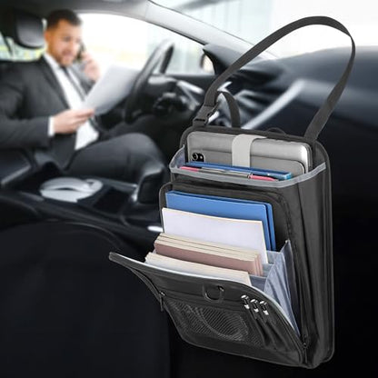 LUXJA Car Front Seat Organizer with Accordion File Pocket, Passenger Seat Organizer with Laptop Sleeve (Up to 15.6 In) and Adjustable Strap, Black