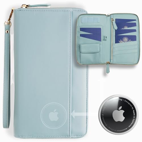 Travel Document Organizer - RFID Passport Wallet Case Family Holder Id Wristlet - color: 6 Passports Airtag Blue