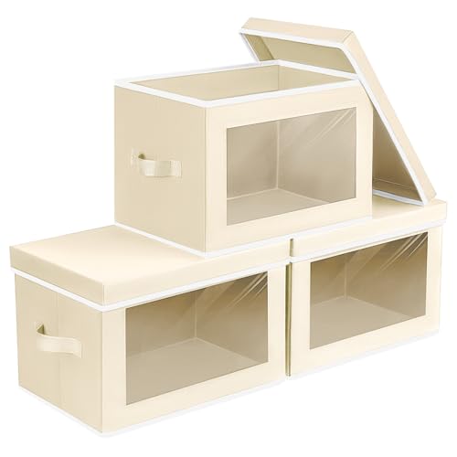Homsorout Collapsible Storage Bins with Lids - Stackable Storage Containers with Window, 3 Pack Fabric Organizing Bins for Closet, Home & Office Organization Baskets, Beige, 14.9" x 9.8" x 9.8" - color: Beige, size: L(3-Pack)