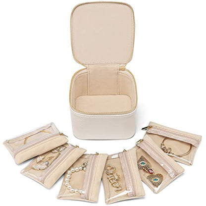 VLANDO Travel Jewelry Case,Valentines Gifts,Small Jewelry Box Organizer,Travel Jewelry Storage with 6 Velvet Jewelry Zipper Pockets, Birthday Gifts for Women Girls (White) - color: 6PCS-White