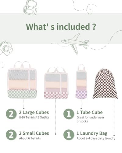 Narwey 6 Set Compression Packing Cubes for Travel Women Men, Travel Cubes for Carry On Suitcase, Durable Compression Luggage Organizer Bags - color: ZA-Mix Checkerboard