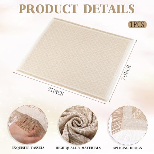 9 Pcs Extra Large Outdoor Boho Picnic Blanket 91'' x 71'' Folding Camping Table Beige White Table Runner 6 Throw Pillow with Pillow Cores Woven Cotton Yarn for Camping Garden Beach Wedding