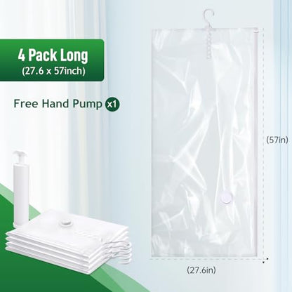 Hanging Vacuum Storage Bags For Clothes With Hand Pump,Coat Storage Bag Hanging,Vacuum Bags For Clothes,Space Saver Vacuum Storage Bags,Garment, Clothing, Dress, Suit, Long Coat, Jacket(Long 4 Pack） - size: 4 Long