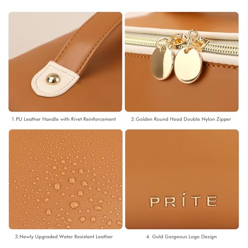 Prite Makeup Bag for Women Travel Waterproof Vegan Leather Cosmetic Bag Open Flat Toiletry Bag With Clear Divider and Handle (New Brown, Medium) - color: New Brown, size: Medium