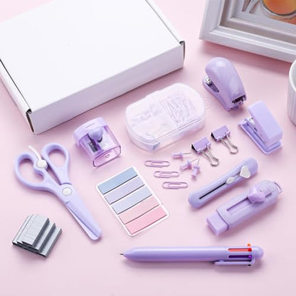 Purple Mini Office Supply Kit Mini School Supplies Desk Accessory Set Includes Mini Stapler Pencil Sharpener Staple Remover Hole Punch Ballpoint Pen Scissor Box Cutter Paper Clips Sticky Index Tabs - color: Purple