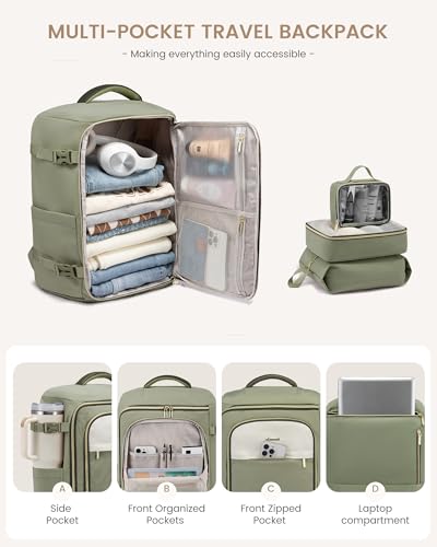 LOVEVOOK Travel Backpack for Women/Men, Personal Item Bag with 3 Packing Cubes Fits 17" Laptop, 50L Travel Backpack Carry on Flight Approved, Water-resistant Carry On Bag for Airplanes - color: Pea Green, size: 50L-4PCS