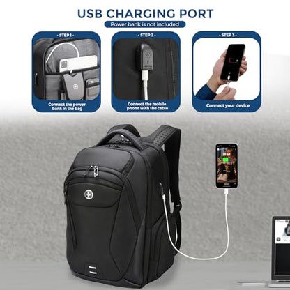 Swissdigital Design Men's Laptop Backpack for College and Business Travel with Integrated USB Charging Port and RFID Protection Fits Laptops up to 15.6 Inch, Black | SD1695-01 - color: Black