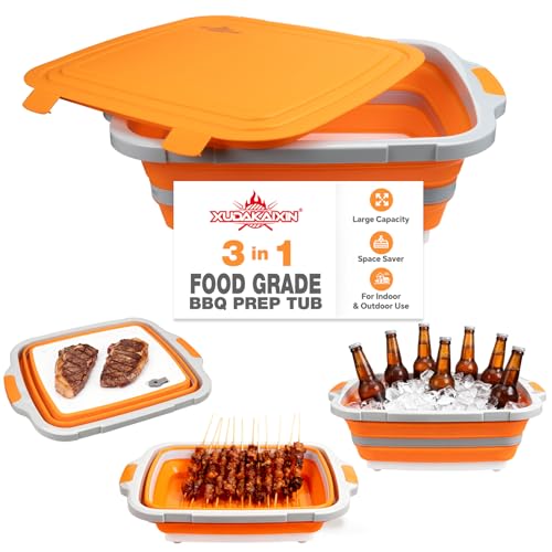 XUDAKAIXIN Collapsible BBQ Prep Tub for Meal Prep, Marinating,Food Storage, picnics, camping, barbecues,cutting fruits and vegetables - Includes Cutting Board and Locking Lid,(X-Large) Orange - color: (X-Large)Orange