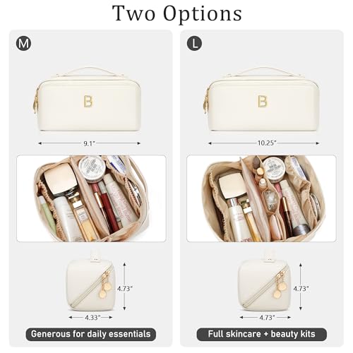 Initial Makeup Bag Gifts for Women Bridesmaid Gifts Travel Toiletry Personalized PU Leather Waterproof Cosmetic Bag (Medium-Beige-B) - color: MediumBeige, style: B