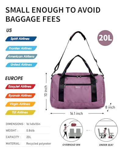 ECOHUB 16'' Personal Item Bag Mini Duffel Bag Small Travel Bag Underseat Carry on Bag for United Airlines Gym Bag for Women and Men - color: Pink with shoulder strap