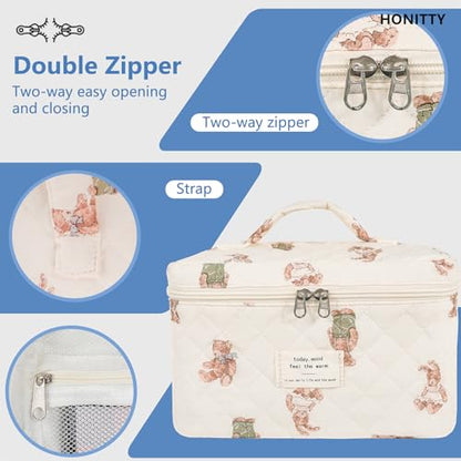 honitty Makeup Bag,Quilted Cosmetic Bag,Large Floral Make Up Bag for Women,Cotton Makeup Bag Set,Flower Travel Toiletry Bag - color: Bear