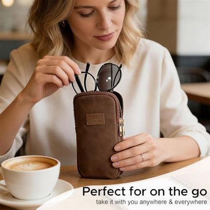KINIVA Double Eyeglass Case for Men Women, 2-in-1 PU Dual Sunglasses Case, Scratch-Proof Travel Eyeglass Holder for Purse Car - style: Brown Matte