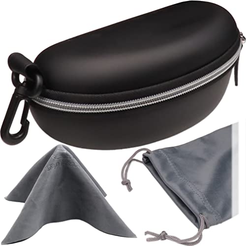 MyEyeglassCase Sports Sunglasses Case and Slim wallet Semi hard large glasses case w/belt clip soft pouch & cloth - color: B701 XL Black/Grey