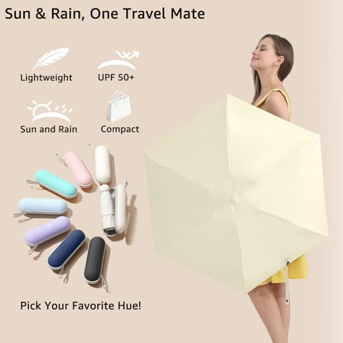 BAODINI Travel Essentials Mini Umbrella for Purse With Case Small Compact UV Sun Protection Lightweight Tiny Pocket Manual Open Close Umbrella for Women Kids and Men Fits Purse Backpack - color: G-1-Creamy Yellow
