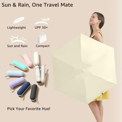 BAODINI Travel Essentials Mini Umbrella for Purse With Case Small Compact UV Sun Protection Lightweight Tiny Pocket Manual Open Close Umbrella for Women Kids and Men Fits Purse Backpack - color: G-1-Creamy Yellow