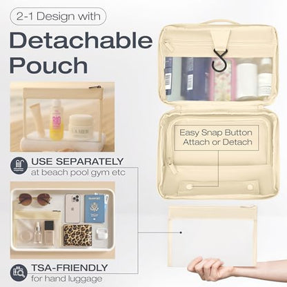 KAZAY Hanging Toiletry Bag with TSA Approved Detachable Pouch, Compact Travel Size, Travel Toiletry Bag, Water Resistant, Premium Nylon, Travel Size Toiletries, Cosmetic Makeup Bag, Unisex (Beige) - color: Beige