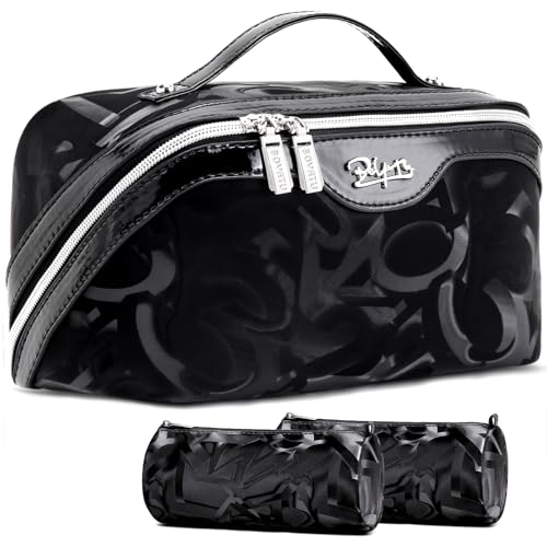 BOYATU Travel Makeup Bag for Women: Y2K Aesthetic Personalized Glossy 3 Pcs Set Cosmetic Organizer Bag - Trendy Statement Toiletry Pouches for Forward Women - Stand Out at Festivals & Trips(D-2-Black) - color: D-2-Black