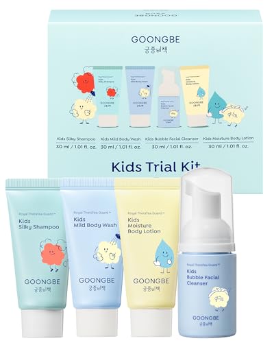 GOONGBE Kids Travel Toiletry Set – 4-in-1 TSA Carry-On Kit with Shampoo, Body Wash, Face Cleanser (Sunscreen Removal) & Lotion, Silicone-Free Low pH for Sensitive Skin1oz Each