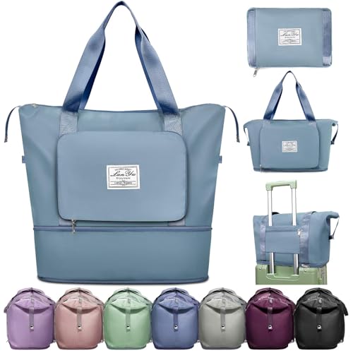 Ranslen Large Capacity Folding Travel Bag,Expansion Travel Duffel Bag with Dry and Wet Separation Portable Travel Duffel Bag - color: Blue