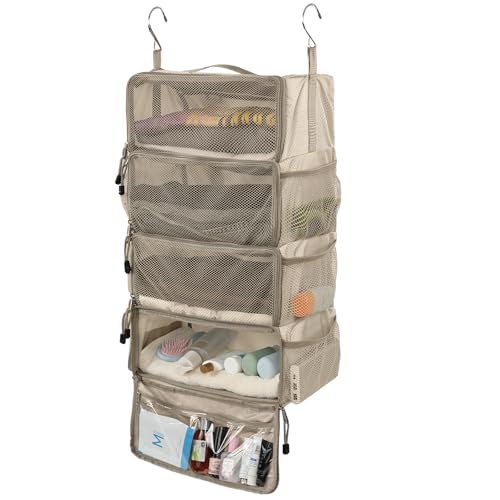 Surblue Travel Hanging Packing Cubes with 2 Hooks Hanging Shelves for Luggage Organizers Portable Compression 4 Shelf Closet Carry-on Suitcases Organizers, Medium,Beige - color: Beige, size: M: 13.8*7.1*21.7 in