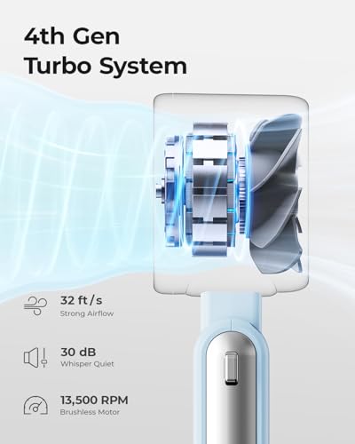 Portable Handheld Turbo Fan - 5 Gear High Speed 4000mAh Rechargeable Mini Personal Hand Fan Blow Cold Air, Battery Operated Travel Essentials, Gifts for Women, Men (Dew Drop Blue) - color: Dew Drop Blue