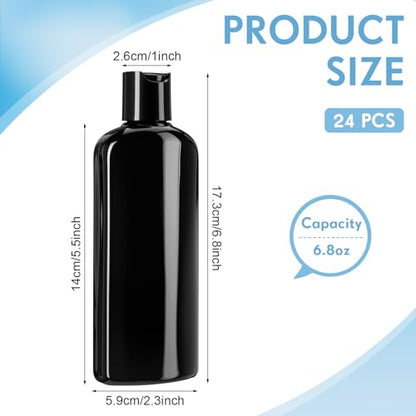 Domensi 24 Pcs Plastic Bottle Squeeze Containers with Disc Cap Travel Bottles Reusable Empty Toiletries Shampoo Containers Refillable Travel bottles for Shampoo Lotions (6.8oz,Pure Black) - color: Pure Black, size: 6.8oz