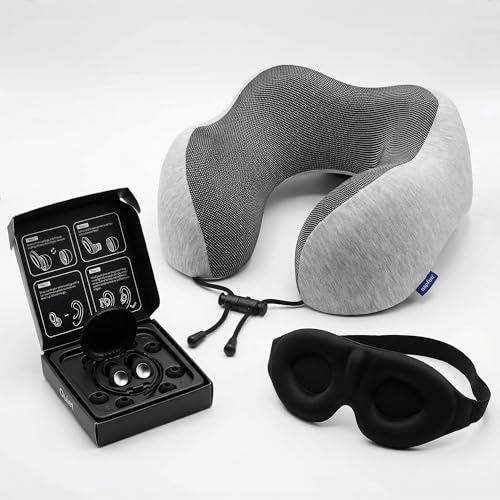 Must-Have Travel Kit Memory Foam Neck Pillow with Adjustable Fit & Removable Cover, 3D Contoured Sleep Mask, Reusable Noise-Reducing Earplugs & Storage Bag, Perfect Travel Essentials Set