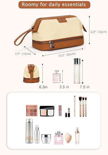 Double-Layer Toiletry Bag, Water-Resistant Hybrid Leather Cosmetic Organizer with Wet/Dry Compartments, 26x15x16cm (Cream, Double layer) - color: Cream