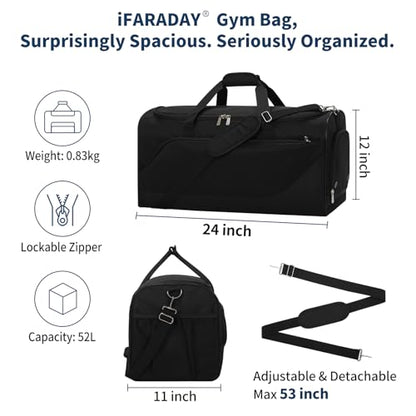 iFARADAY Men's Gym Bag with Shoes Compartment, 24 inch, Black | 52L, Multi Pockets, Sport Duffle Bag, Travel, Fitness & Workout - color: Black