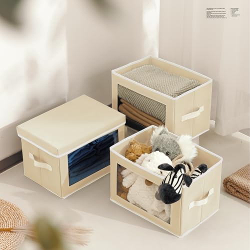 Homsorout Fabric Storage Bins with Lids, Storage Cubes with Window, Decorative Storage Boxes Baskets for Organizing, Closet Organizer Storage Bins for Home, Office, 3 Packs, Beige - color: Beige, size: L(3-Pack)