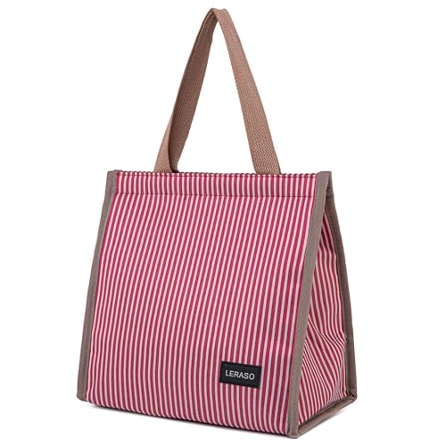 Insulated Lunch Bag for Work, 10.2"x5.9"x10.2" Oxford Waterproof Striped Canvas Tote Bag - color: Red White