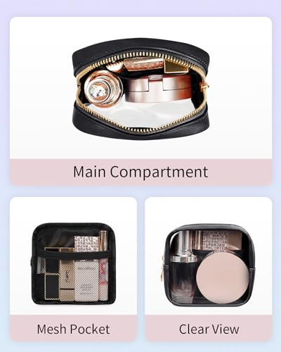Wandering Nature 2 Pcs Clear Makeup Bag for Purse, Mini Make up Bag Cute Cosmetic Pouch for Women with Slip-in Pockets, Travel Toiletry Essentials Vegan Leather Organizer Pouch - color: Black Set