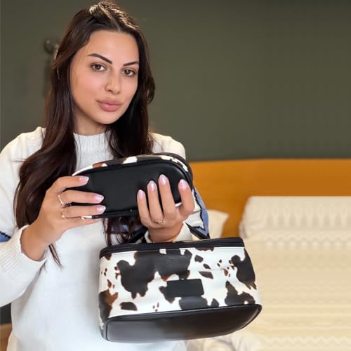 Montana West X Wrangler Travel Makeup Bag 2pcs Set Large Cosmetic Bag with Makeup Brush Holder Portable Make Up Organizer Cute Toiletry Bag with Divider and Handle for Women - color: Cow-Brown