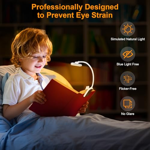 karidi Rechargeable 24 LED Book Light for Reading, 360° Flexible Gooseneck, 5 Color Tones, Clip-on for Books/Tablet/Bed, USB-C, 80H Glare-Free Eye Care (White) - color: White