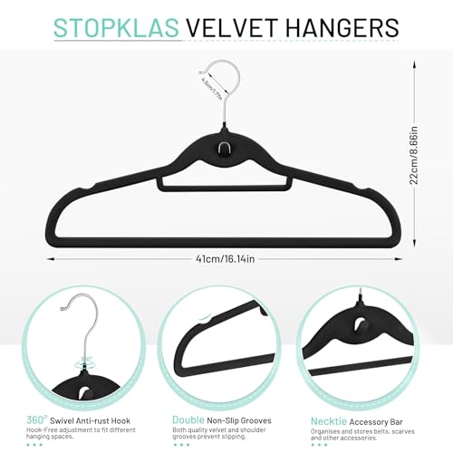 Velvet Stackable Hangers 30 Pack, STOPKLAS Black Clothes Hanger Non Slip Felt Hangers with 360° Swivel Hook, Thin Hanger Space Saving, Heavy Duty Closet Hanger for Clothes, Coats, Suits, Dress, Pants - color: Black