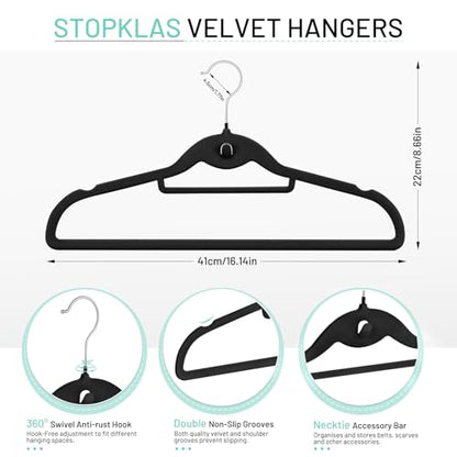 Velvet Stackable Hangers 30 Pack, STOPKLAS Black Clothes Hanger Non Slip Felt Hangers with 360° Swivel Hook, Thin Hanger Space Saving, Heavy Duty Closet Hanger for Clothes, Coats, Suits, Dress, Pants - color: Black