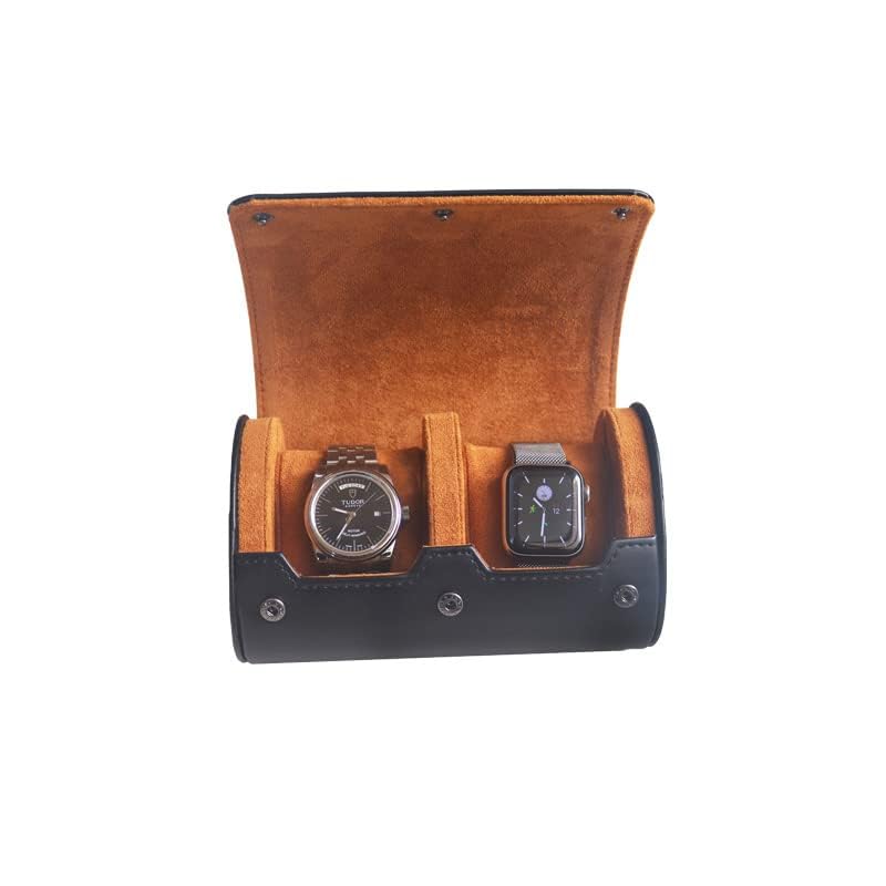 2 Watch Travel Case for Men - Double Roll Gift Accessory With Plush Velvet/Suede Interior, Leather Holder (Black) - color: BLACK