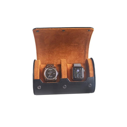2 Watch Travel Case for Men - Double Roll Gift Accessory With Plush Velvet/Suede Interior, Leather Holder (Black) - color: BLACK