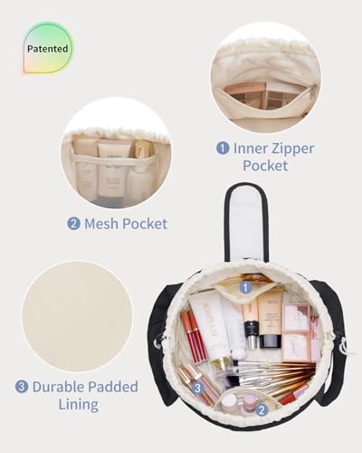 Narwey Lay Flat Open Drawstring Puffer Makeup Bag, Large Quilted Cosmetic Bag for Women Girls, Cute Make up Bags with Handle, Travel Toiletry Bag for Skincare, Brushes & Travel Essentials (Black) - color: B-Quilted Black