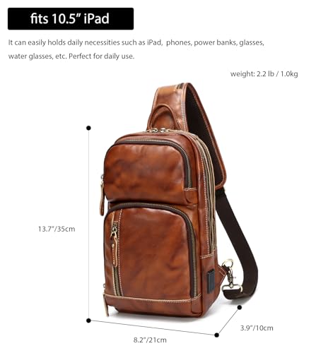 LANNSYNE Full Grain Leather Sling Bag For Men Crossbody Chest Daypack fits 10.5" iPad - color: Orange for 10.5" Ipad
