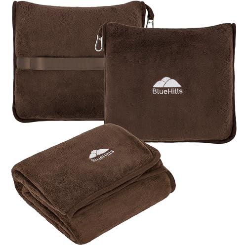 BlueHills Premium Soft Travel Blanket Pillow Airplane Blanket Soft Bag Pillow case with Hand Luggage Belt and Backpack Clip Compact Pack Large Portable Throw Air Plane Flight Travel (Brown T009) - color: Brown-1pk-t009