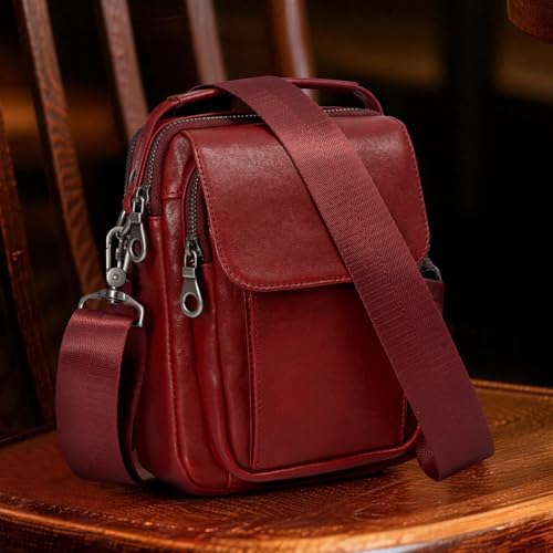 Augus Leather Small Messenger Bag For Men Crossbody Handbag Shoulder Sling Travel Bags for Men Purse Daypack Magnetic Buckle - color: Burgundy